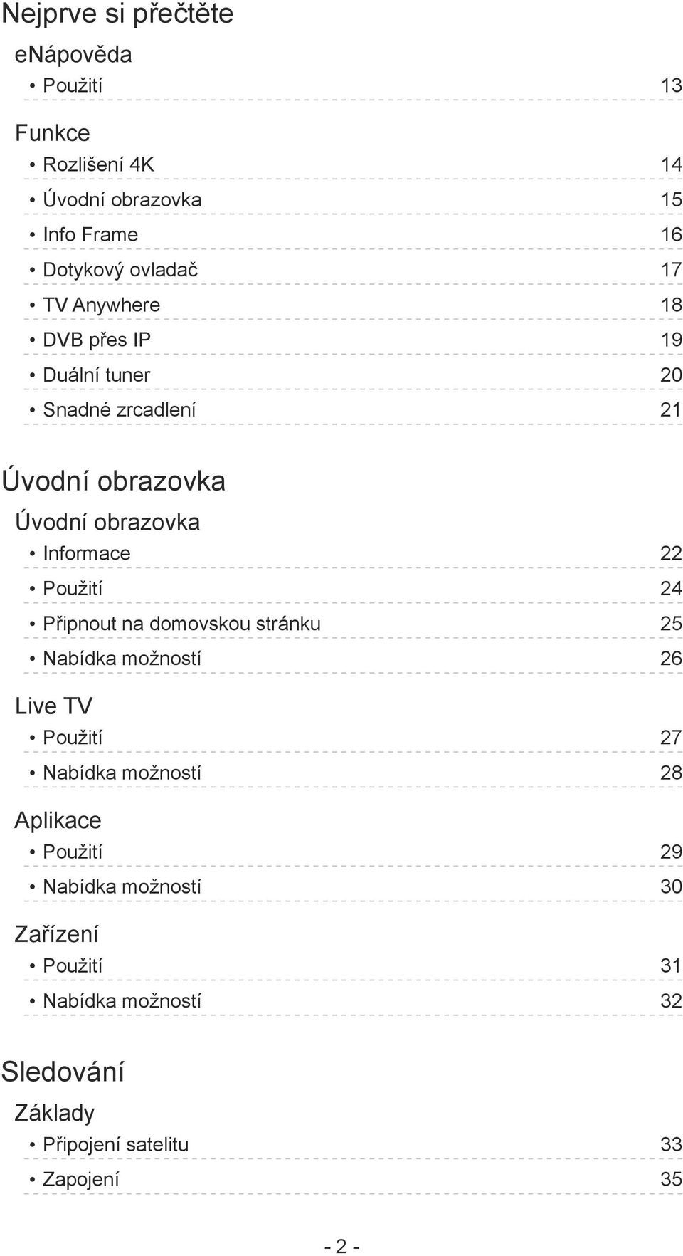 Použití 24 Připnout na domovskou stránku 25 Nabídka možností 26 Live TV Použití 27 Nabídka možností 28 Aplikace