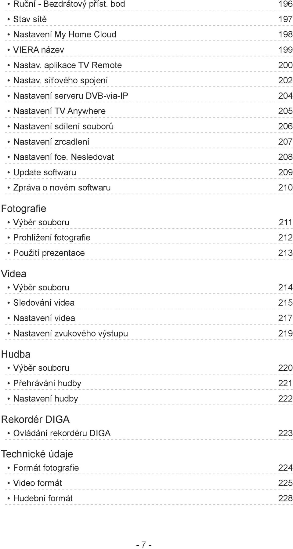 Nesledovat 208 Update softwaru 209 Zpráva o novém softwaru 210 Fotografie Výběr souboru 211 Prohlížení fotografie 212 Použití prezentace 213 Videa Výběr souboru 214 Sledování