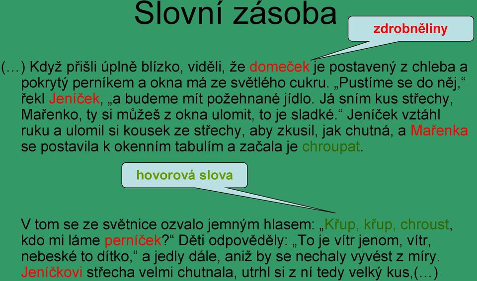 Jeníček vztáhl ruku a ulomil si kousek ze střechy, aby zkusil, jak chutná, a Mařenka se postavila k okenním tabulím a začala je chroupat.