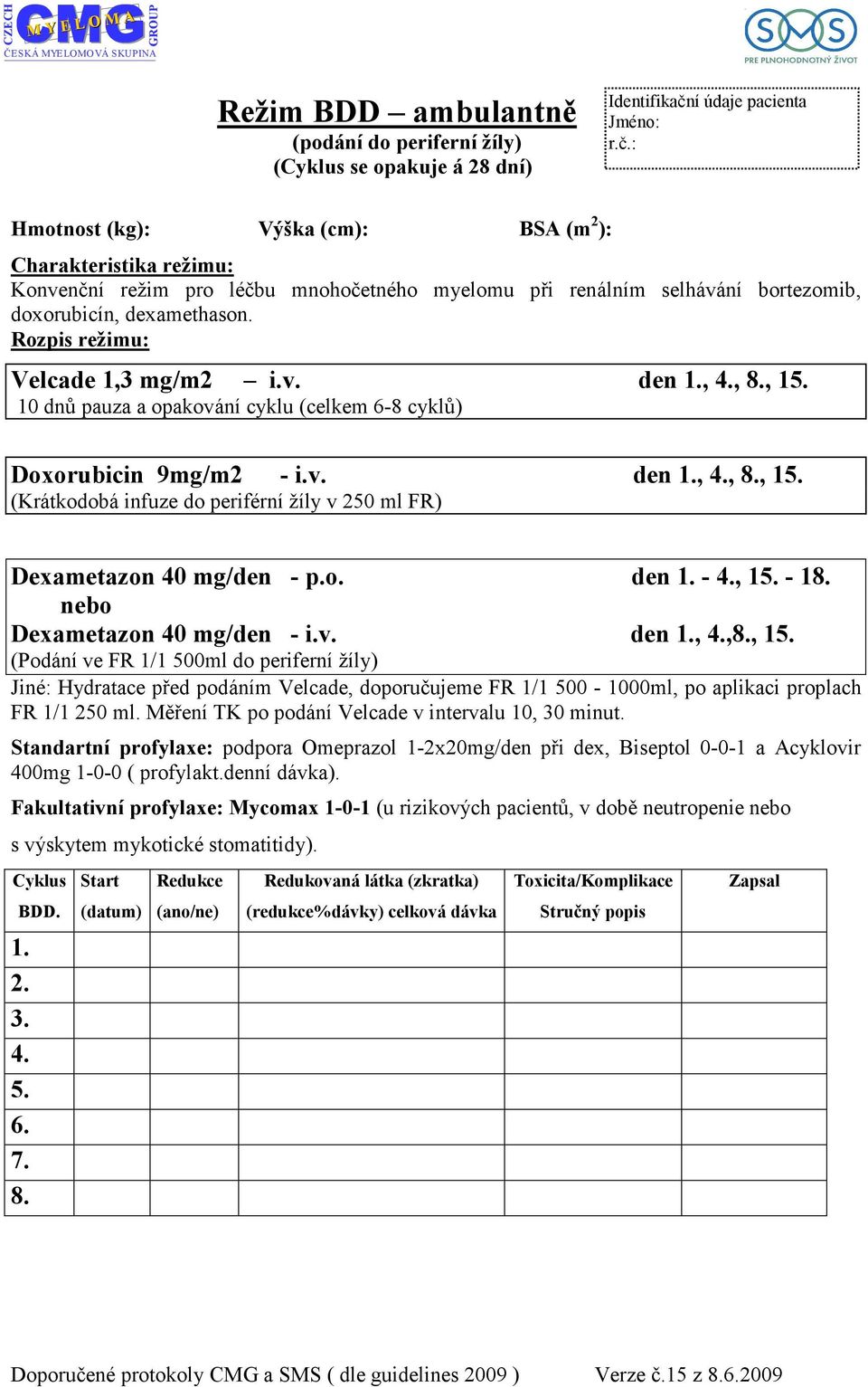 v. den.,.,.,. (Podání ve FR / 00ml do periferní žíly) Jiné: Hydratace před podáním Velcade, doporučujeme FR / 00-000ml, po aplikaci proplach FR / 0 ml.