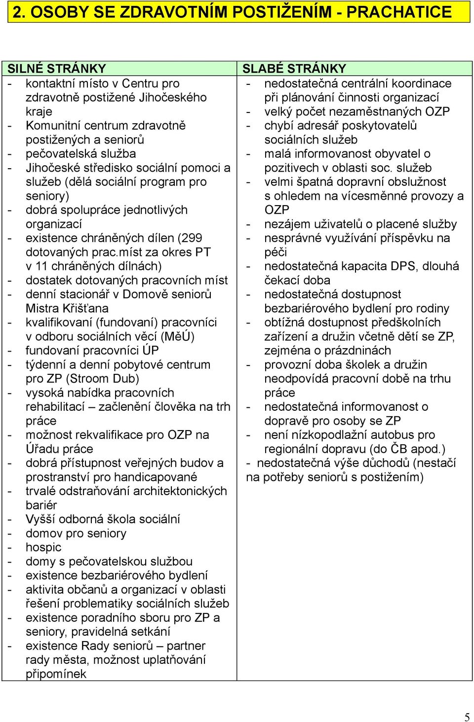 míst za okres PT v 11 chráněných dílnách) - dostatek dotovaných pracovních míst - denní stacionář v Domově seniorů Mistra Křišťana - kvalifikovaní (fundovaní) pracovníci v odboru sociálních věcí