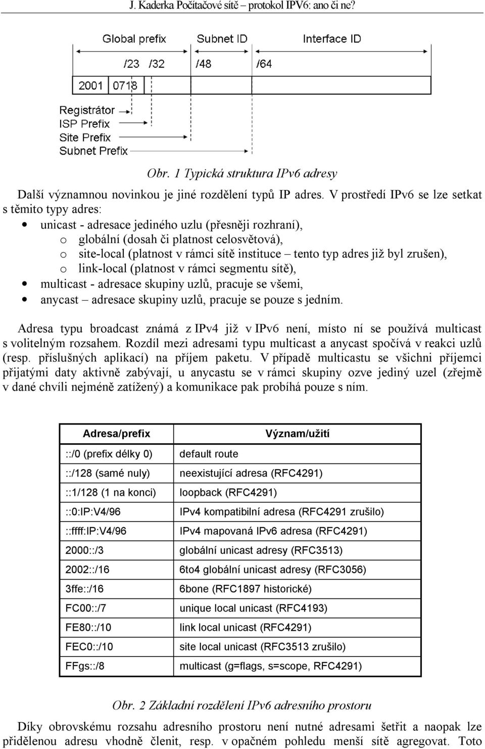 tento typ adres již byl zrušen), o link-local (platnost v rámci segmentu sítě), multicast - adresace skupiny uzlů, pracuje se všemi, anycast adresace skupiny uzlů, pracuje se pouze s jedním.