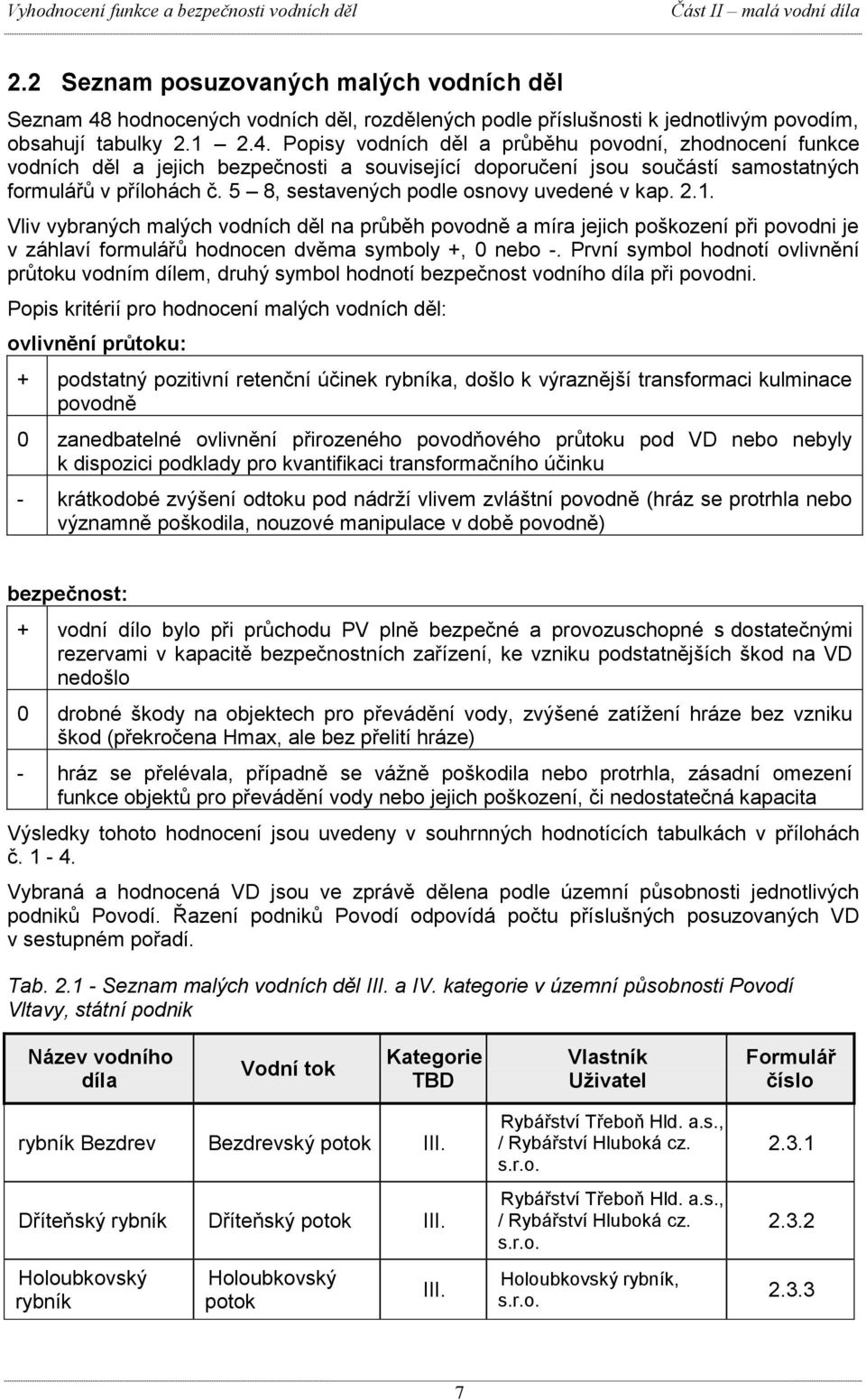 hodnocených vodních děl, rozdělených podle příslušnosti k jednotlivým povodím, obsahují tabulky 2.1 2.4.