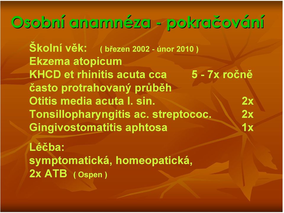 průběh Otitis media acuta l. sin. 2x Tonsillopharyngitis ac. streptococ.