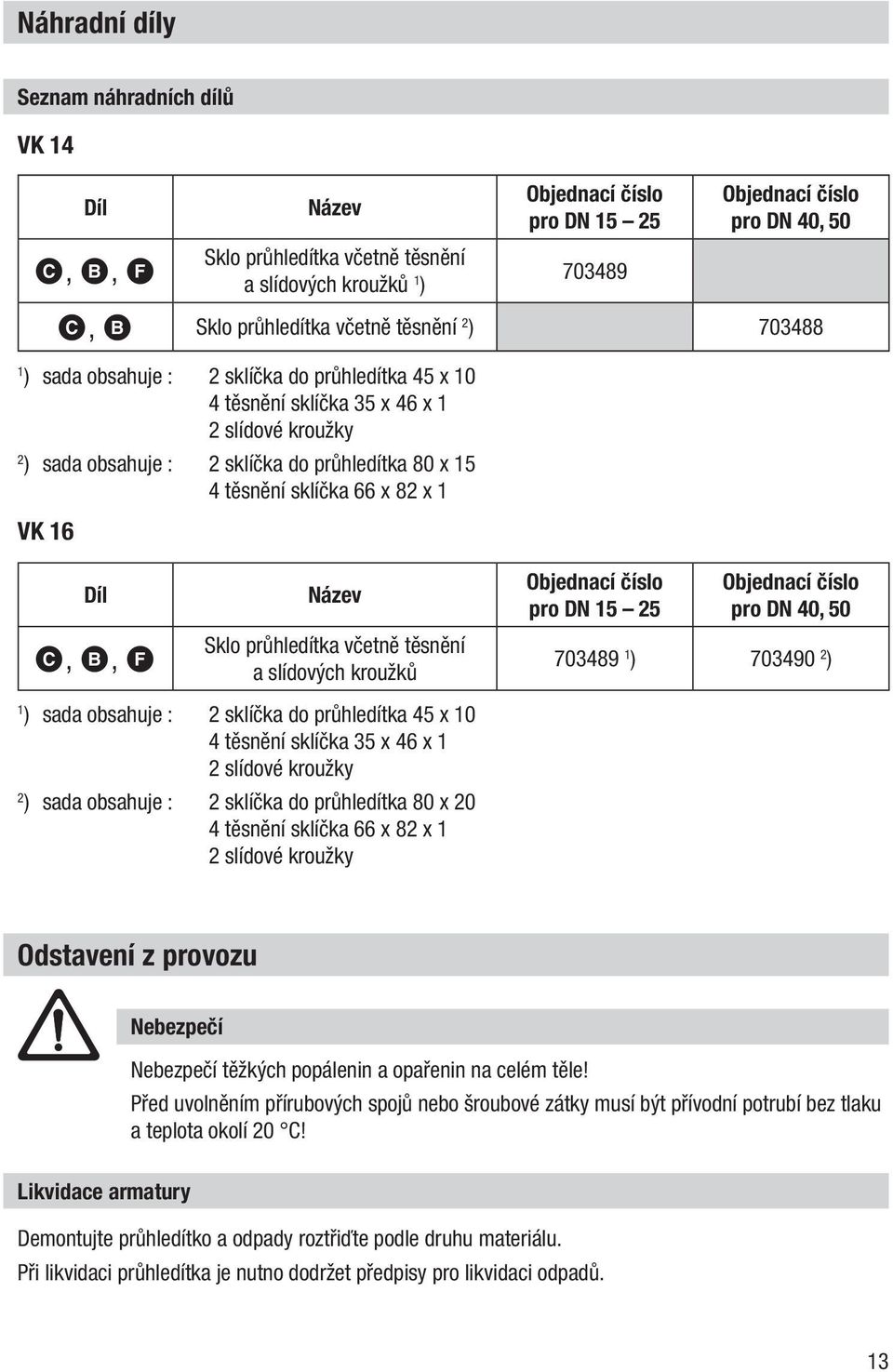 těsnění sklíčka 66 x 82 x 1 VK 16 Díl C, B, F Název Sklo průhledítka včetně těsnění a slídových kroužků Objednací číslo pro DN 15 25 Objednací číslo pro DN 40, 50 703489 1 ) 703490 2 ) 1 ) sada