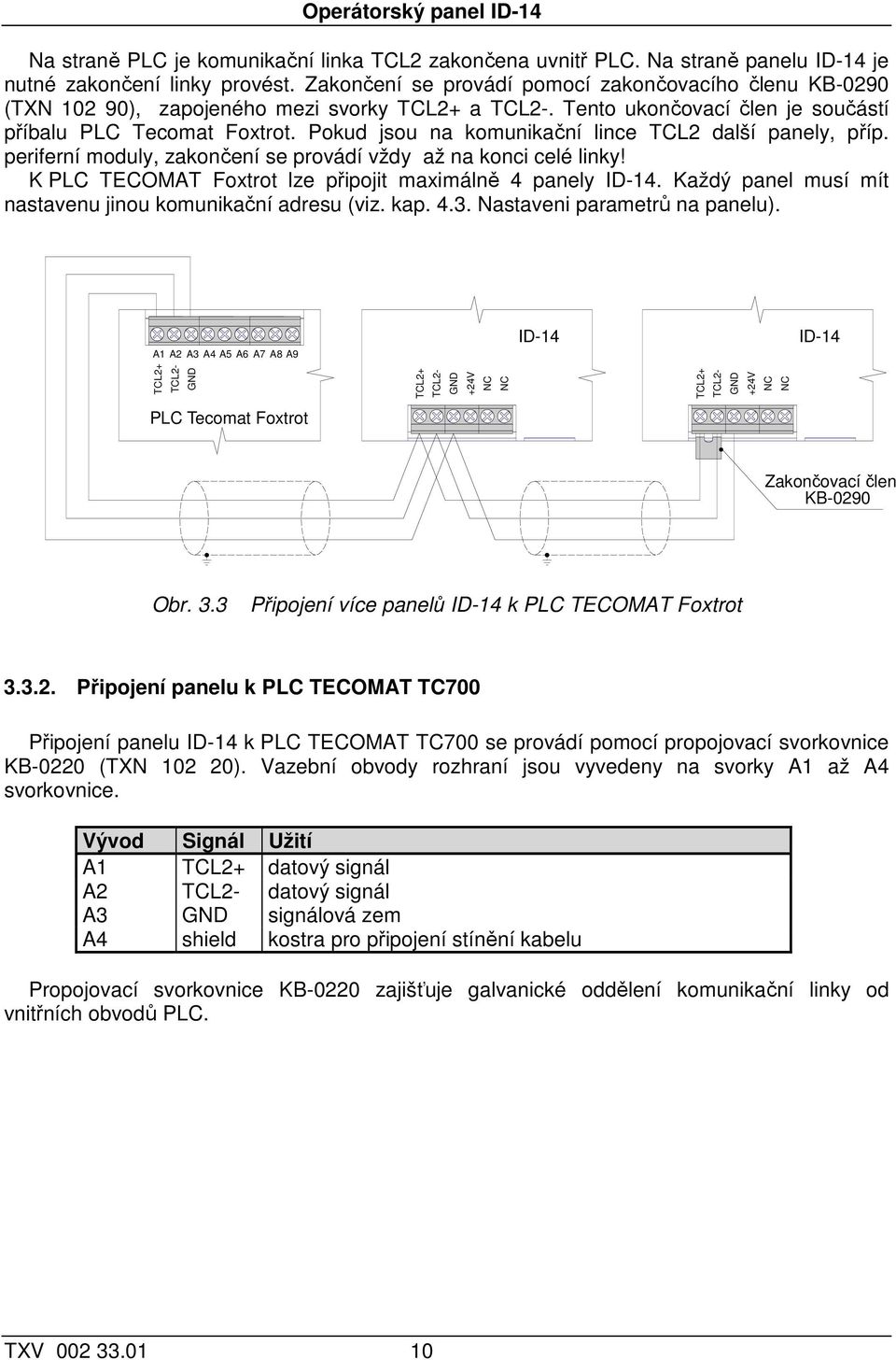 Pokud jsou na komunikační lince TCL2 další panely, příp. periferní moduly, zakončení se provádí vždy až na konci celé linky! K PLC TECOMAT Foxtrot lze připojit maximálně 4 panely ID-14.