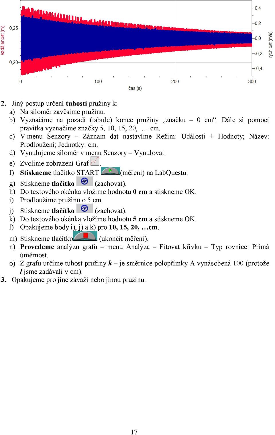 f) Stiskneme tlačítko START (měření) na LabQuestu. g) Stiskneme tlačítko (zachovat). h) Do textového okénka vložíme hodnotu 0 cm a stiskneme OK. i) Prodloužíme pružinu o 5 cm.