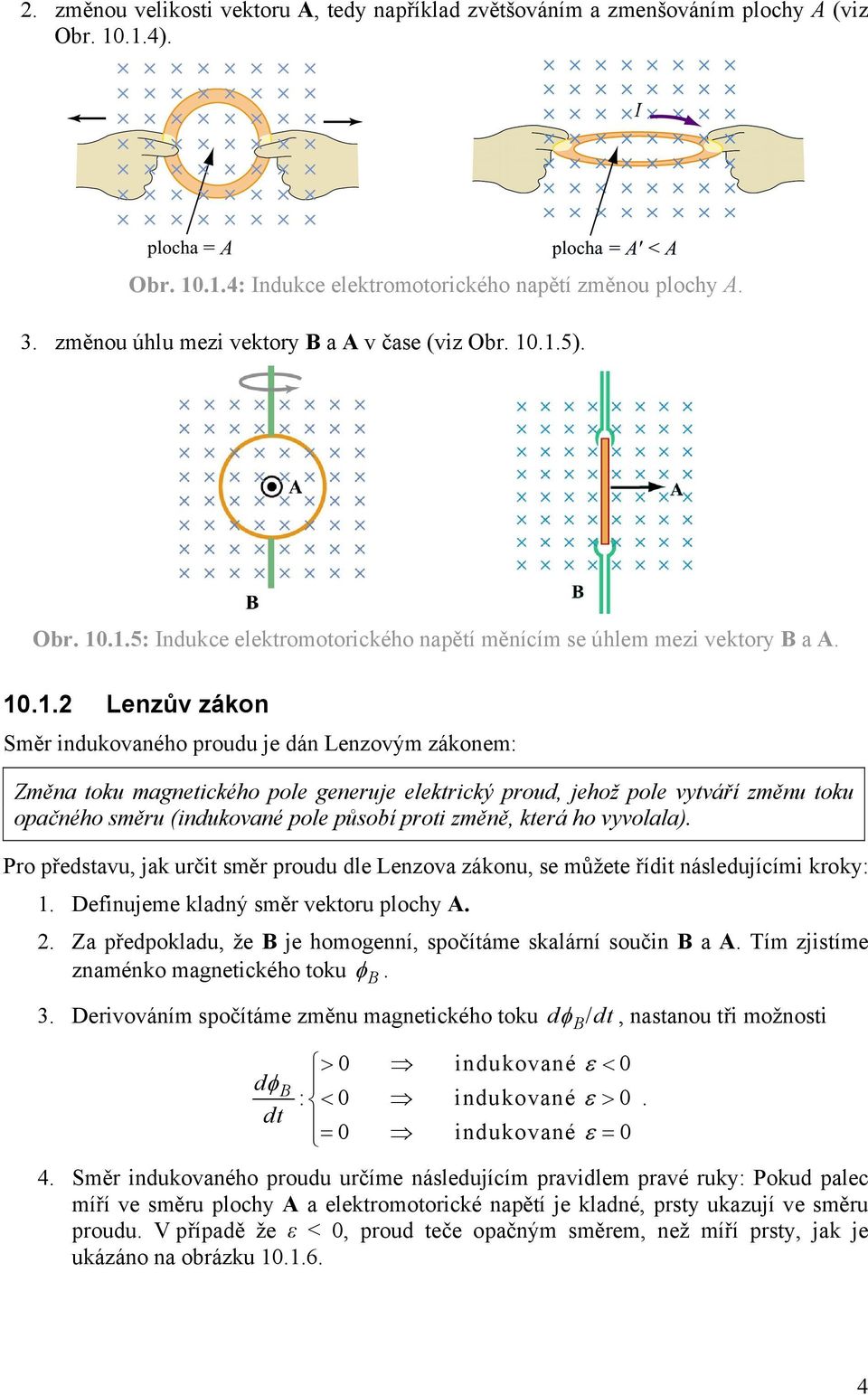 .1.5). Obr. 10.1.5: Indukce elektromotorického napětí měnícím se úhlem mezi vektory a A. 10.1. Lenzův zákon Směr indukovaného proudu je dán Lenzovým zákonem: Změna toku magnetického pole generuje