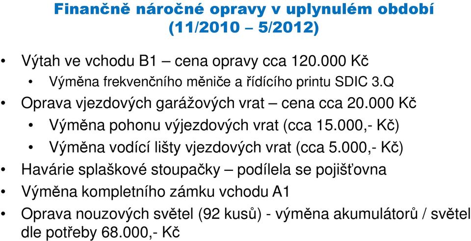 000 Kč Výměna pohonu výjezdových vrat (cca 15.000,- Kč) Výměna vodící lišty vjezdových vrat (cca 5.