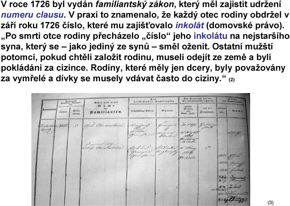 Po smrti otce rodiny přecházelo číslo jeho inkolátu na nejstaršího syna, který se jako jediný ze synů směl oženit.