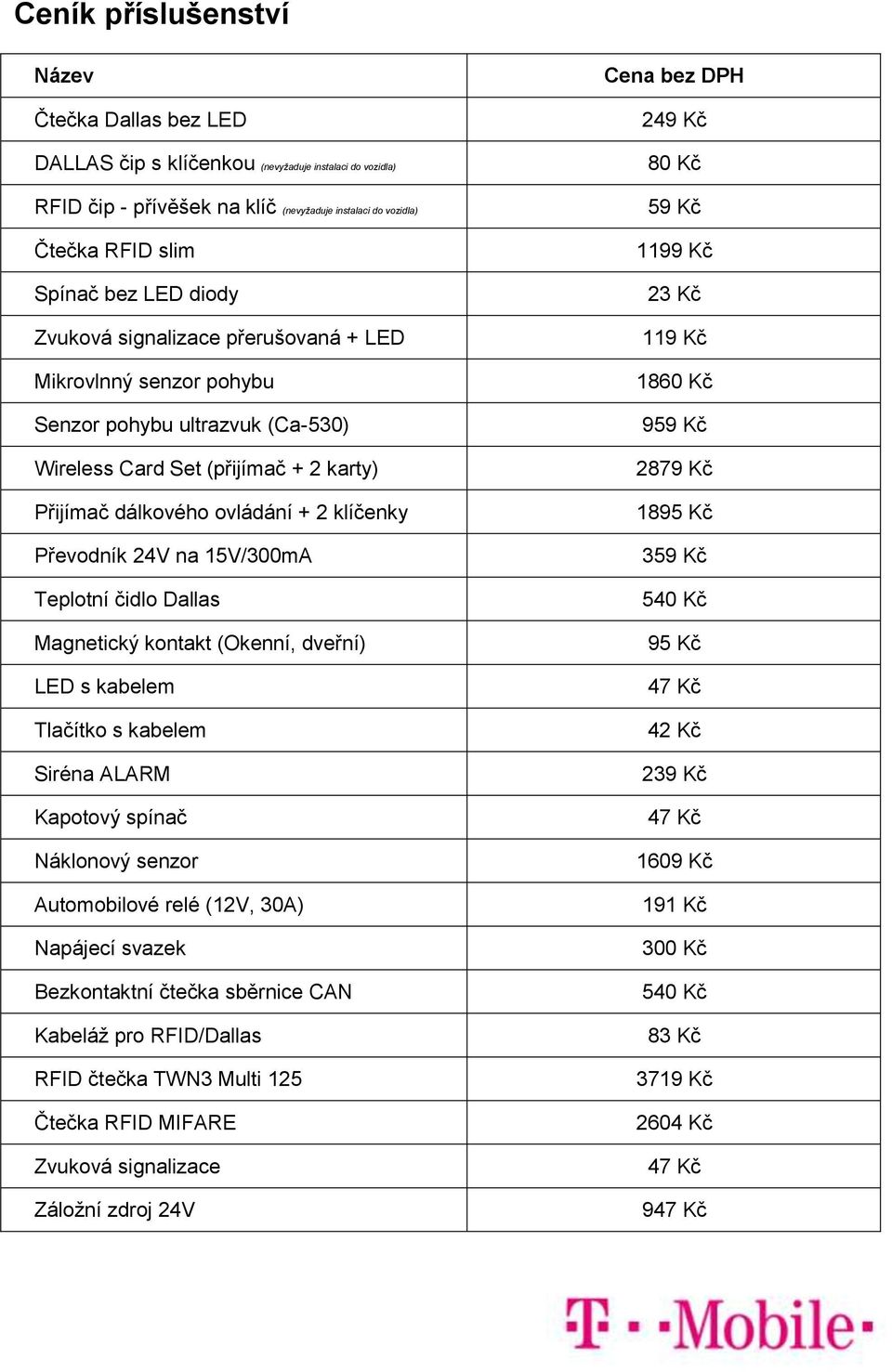 15V/300mA Teplotní čidlo Dallas Magnetický kontakt (Okenní, dveřní) LED s kabelem Tlačítko s kabelem Siréna ALARM Kapotový spínač Náklonový senzor Automobilové relé (12V, 30A) Napájecí svazek