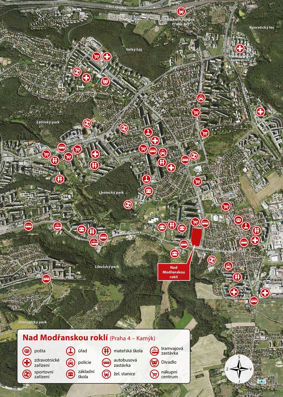 park Nad Modřanskou roklí Cholupický park Nad Modřanskou roklí (Praha 4 Kamýk) pošta zdravotnické zařízení sportovní