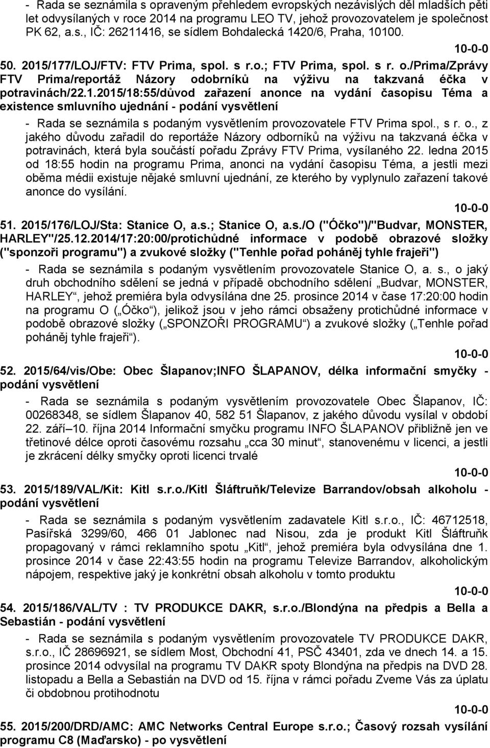 , s r. o., z jakého důvodu zařadil do reportáže Názory odborníků na výživu na takzvaná éčka v potravinách, která byla součástí pořadu Zprávy FTV Prima, vysílaného 22.