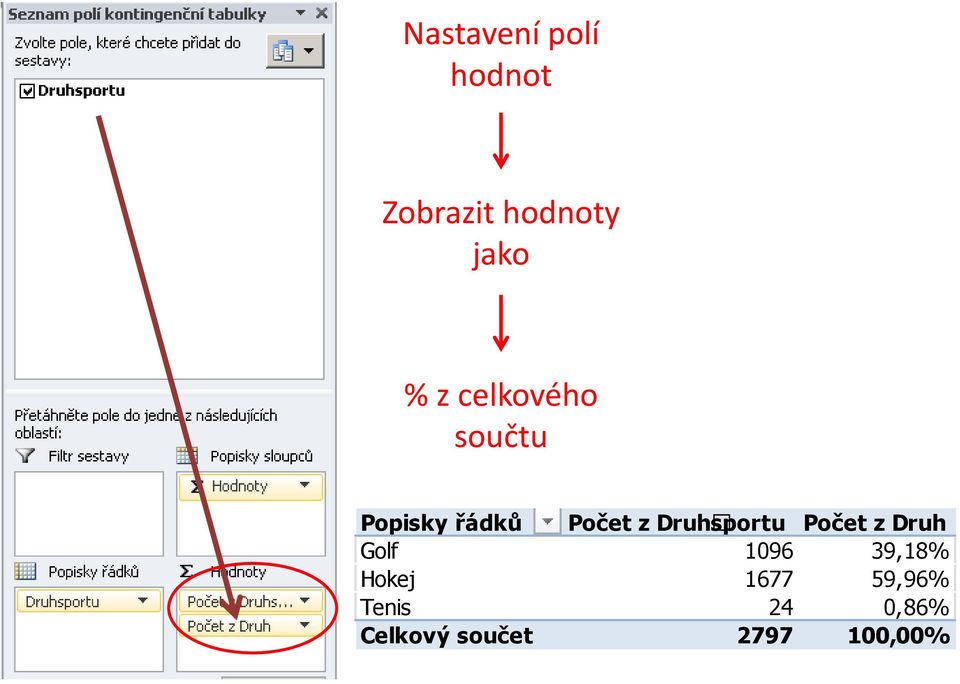 Druhsportu Počet z Druh Golf 1096 39,18% Hokej