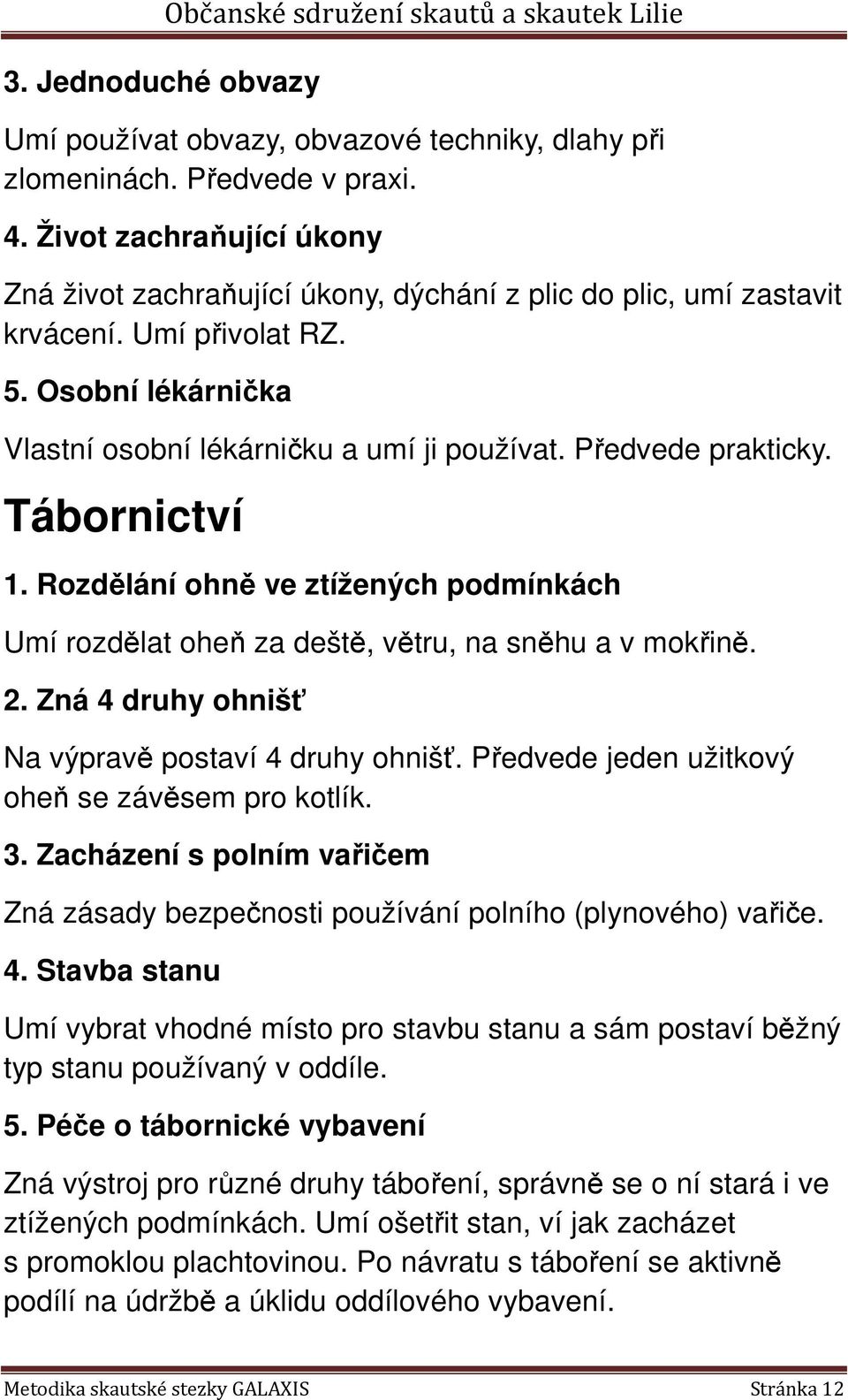 Předvede prakticky. Tábornictví 1. Rozdělání ohně ve ztížených podmínkách Umí rozdělat oheň za deště, větru, na sněhu a v mokřině. 2. Zná 4 druhy ohnišť Na výpravě postaví 4 druhy ohnišť.