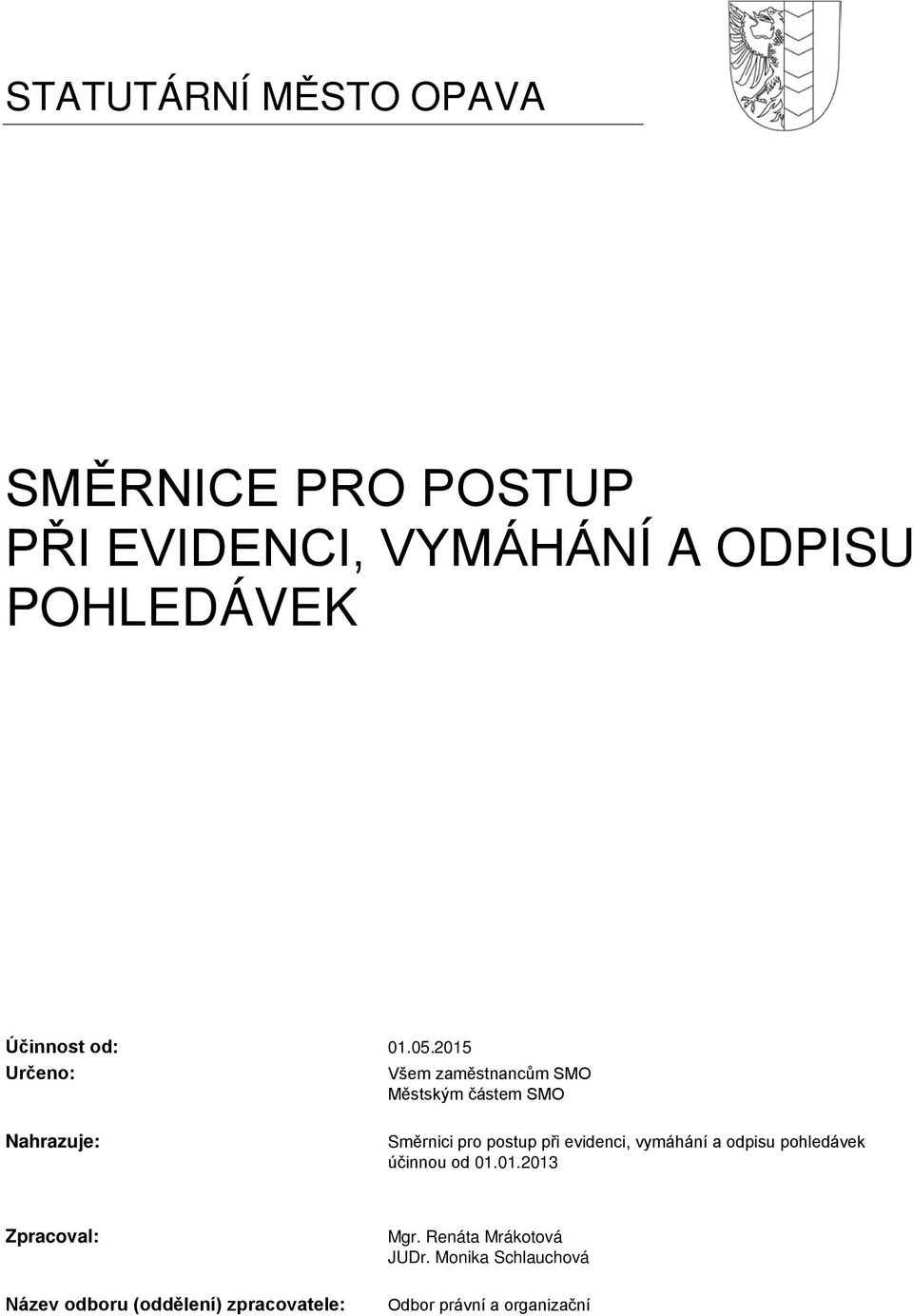 2015 Určeno: Všem zaměstnancům SMO Městským částem SMO Nahrazuje: Směrnici pro postup při