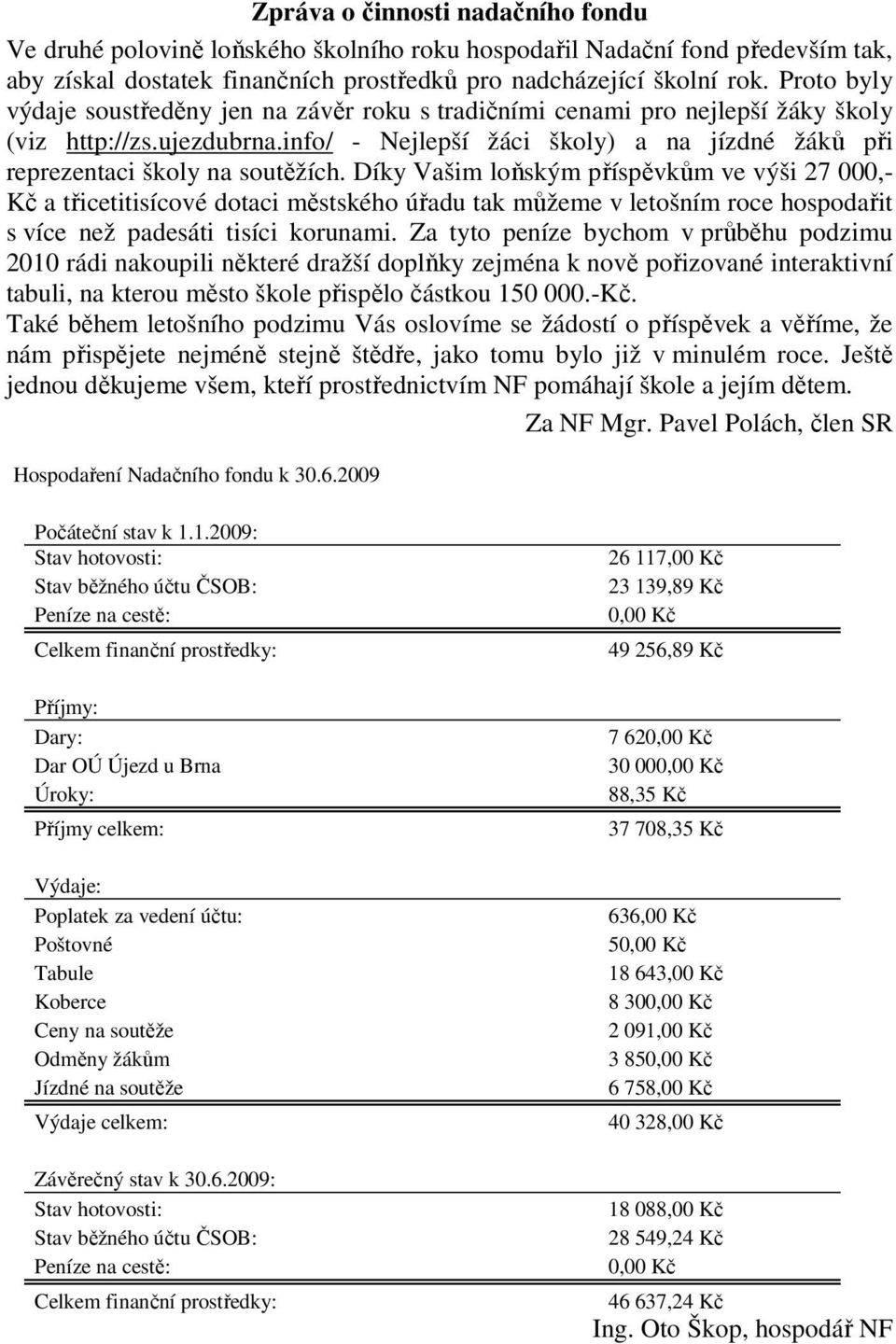 Díky Vašim loňským příspěvkům ve výši 27 000,- Kč a třicetitisícové dotaci městského úřadu tak můžeme v letošním roce hospodařit s více než padesáti tisíci korunami.