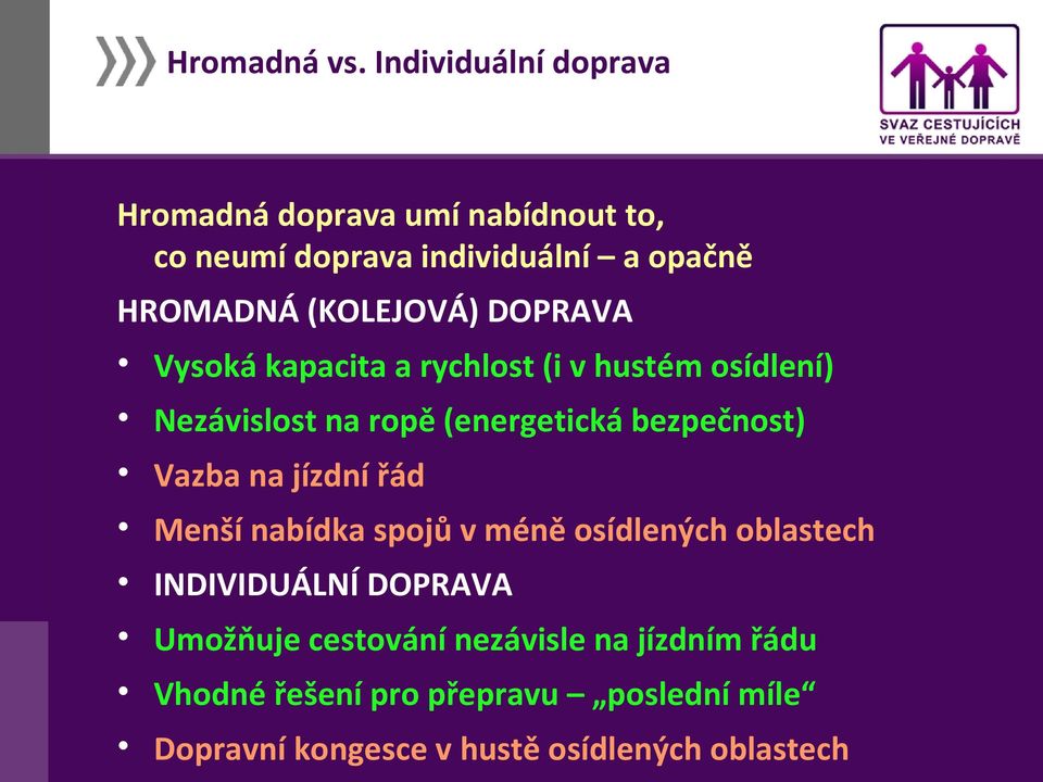 (KOLEJOVÁ) DOPRAVA Vysoká kapacita a rychlost (i v hustém osídlení) Nezávislost na ropě (energetická bezpečnost)