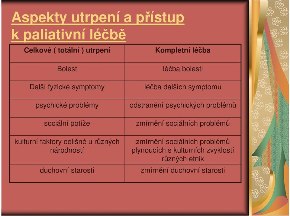 duchovní starosti léčba bolesti léčba dalších symptomů odstranění psychických problémů zmírnění