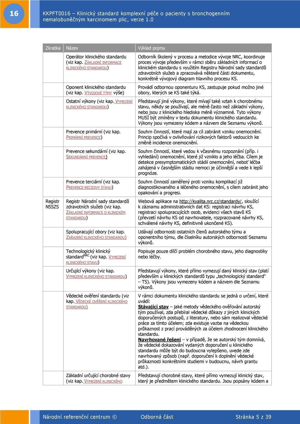 SEKUNDÁRNÍ PREVENCE) Prevence terciární (viz kap. PREVENCE RECIDIVY STAVU) Registr Národní sady standardů zdravotních služeb (viz kap.