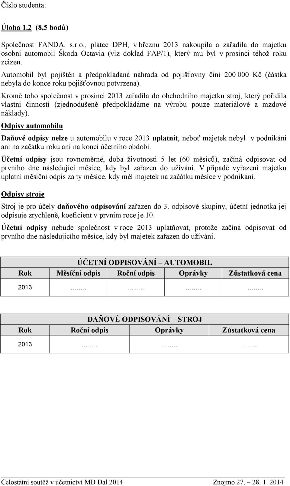 Kromě toho společnost v prosinci 2013 zařadila do obchodního majetku stroj, který pořídila vlastní činností (zjednodušeně předpokládáme na výrobu pouze materiálové a mzdové náklady).