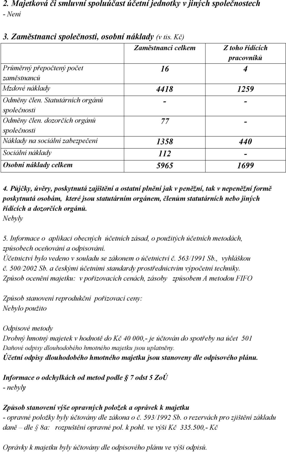 dozorčích orgánů společnosti 77 - Náklady na sociální zabezpečení 1358 440 Sociální náklady 112 - Osobní náklady celkem 5965 1699 4.