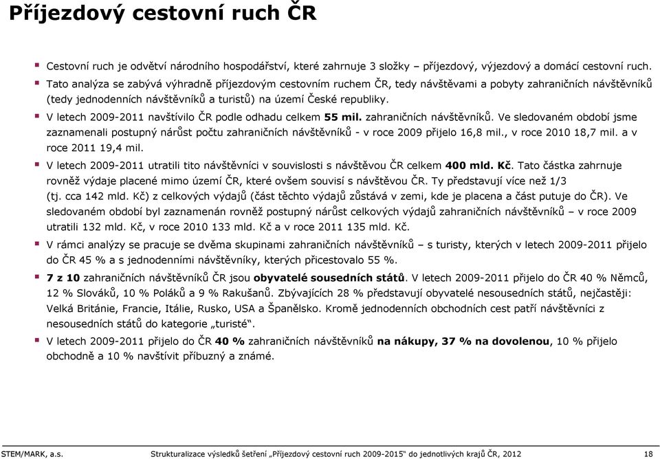 V letech 2009-2011 navštívilo ČR podle odhadu celkem 55 mil. zahraničních návštěvníků.