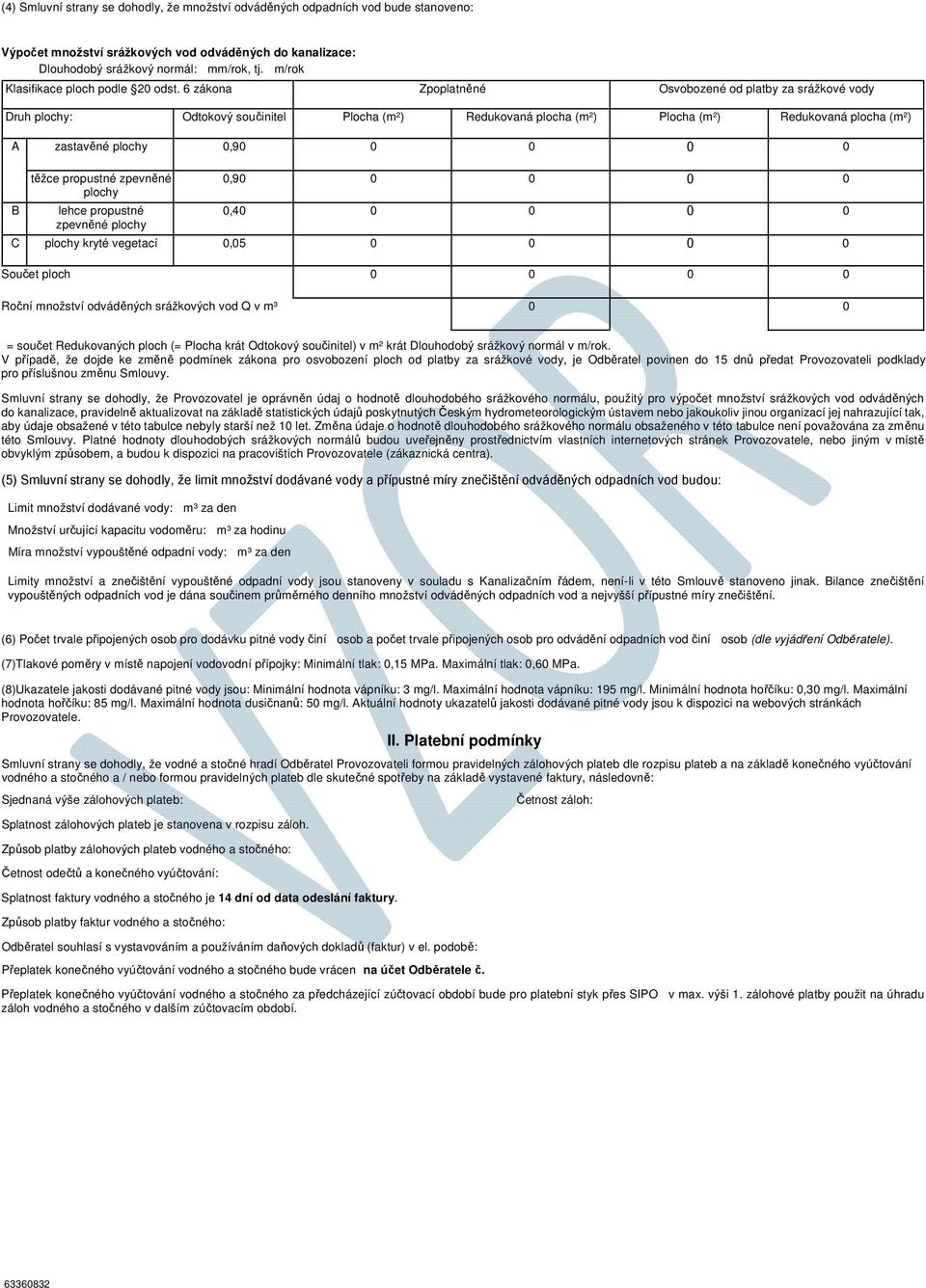 6 zákona Zpoplatněné Osvobozené od platby za srážkové vody Druh plochy: Odtokový součinitel Plocha (m²) Redukovaná plocha (m²) Plocha (m²) Redukovaná plocha (m²) A zastavěné plochy,9 těžce propustné