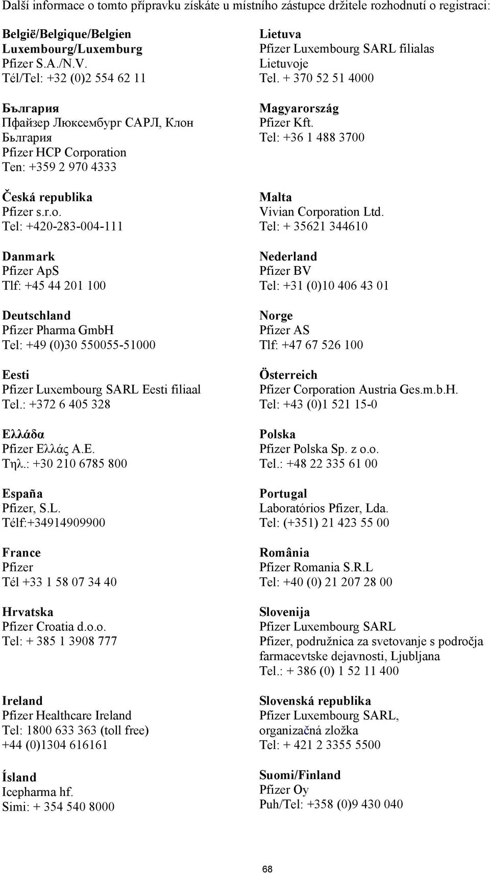 poration Ten: +359 2 970 4333 Česká republika Pfizer s.r.o. Tel: +420-283-004-111 Danmark Pfizer ApS Tlf: +45 44 201 100 Deutschland Pfizer Pharma GmbH Tel: +49 (0)30 550055-51000 Eesti Pfizer Luxembourg SARL Eesti filiaal Tel.