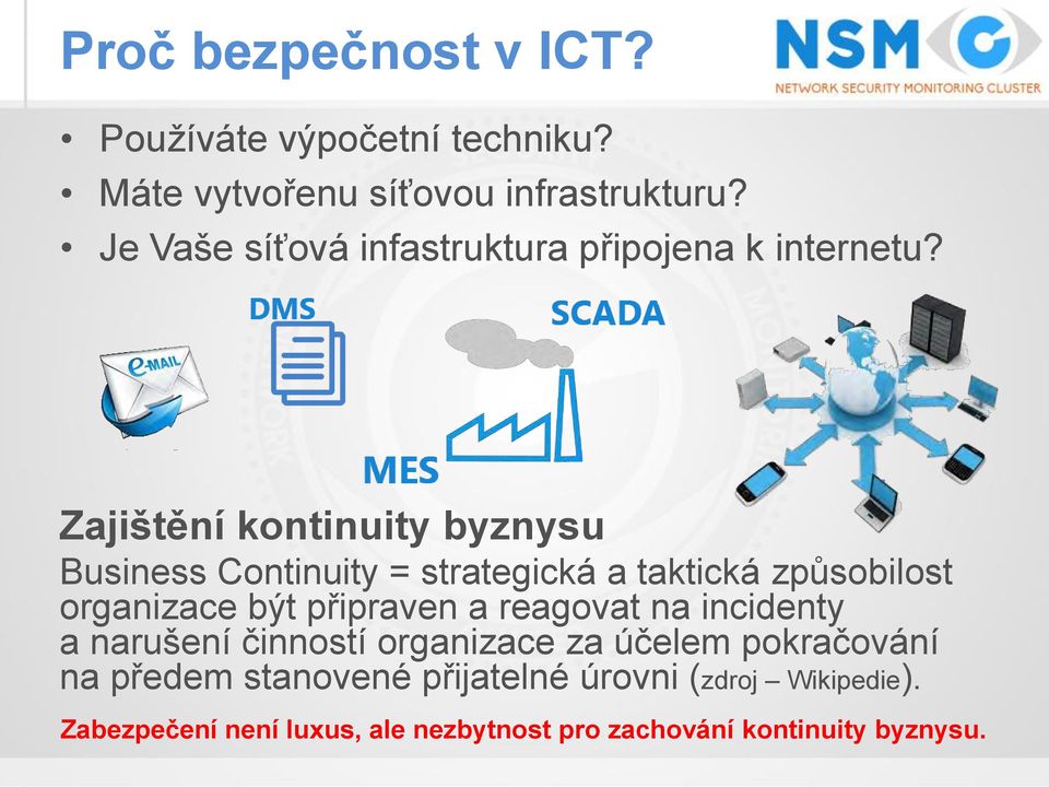 Zajištění kontinuity byznysu Business Continuity = strategická a taktická způsobilost organizace být připraven a