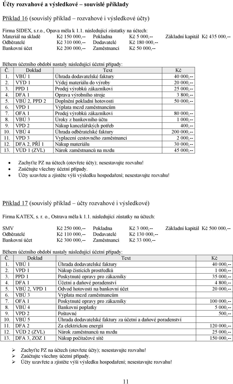 1. následující zůstatky na účtech: Materiál na skladě Kč 150 000,-- Pokladna Kč 5 000,-- Základní kapitál Kč 435 000,-- Odběratelé Kč 310 000,-- Dodavatelé Kč 180 000,-- Bankovní účet Kč 200 000,--