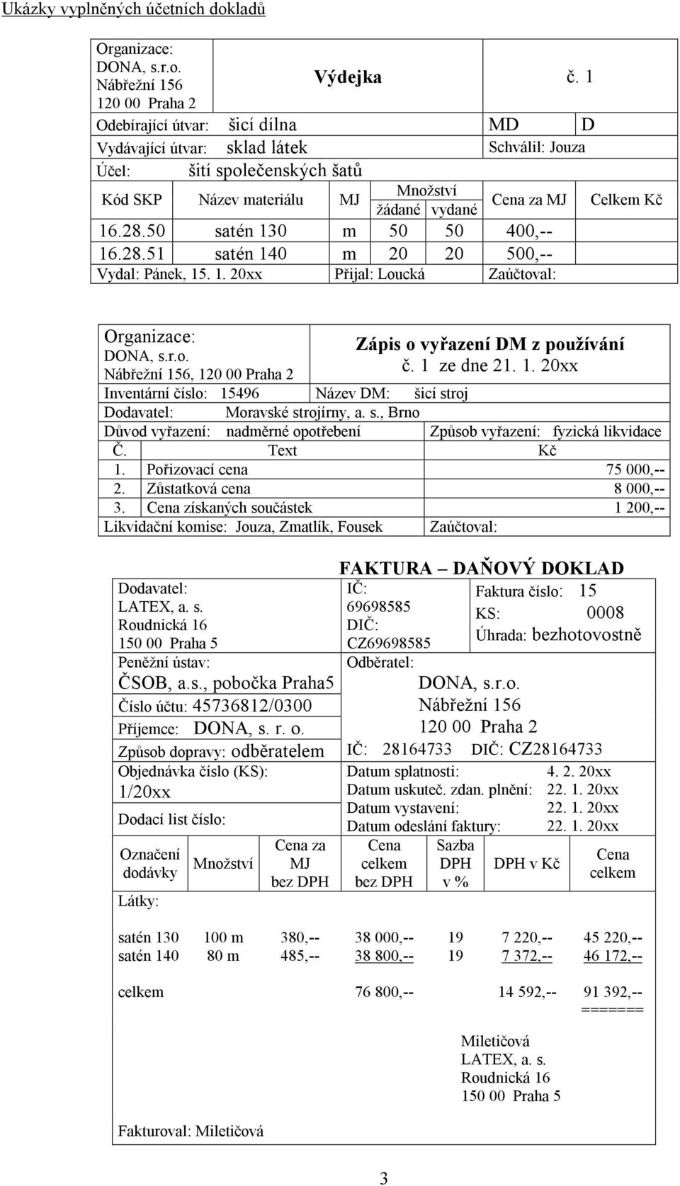 16.28.50 satén 130 m 50 50 400,-- 16.28.51 satén 140 m 20 20 500,-- Vydal: Pánek, 15. 1. 20xx Přijal: Loucká Zaúčtoval: Organizace: DONA, s.r.o. Nábřežní 156, 120 00 Praha 2 Zápis o vyřazení DM z používání č.