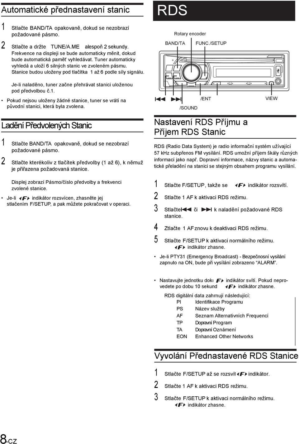 Stanice budou uloženy pod tlačítka 1 až 6 podle síly signálu. RDS Rotary encoder BAND/TA FUNC./SETUP Je-li naladěno, tuner začne přehrávat stanici uloženou pod předvolbou č.1. Pokud nejsou uloženy žádné stanice, tuner se vrátí na původní stanici, která byla zvolena.
