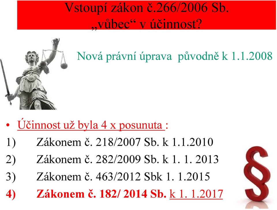 1.2008 Účinnost už byla 4 x posunuta : 1) Zákonem č. 218/2007 Sb.