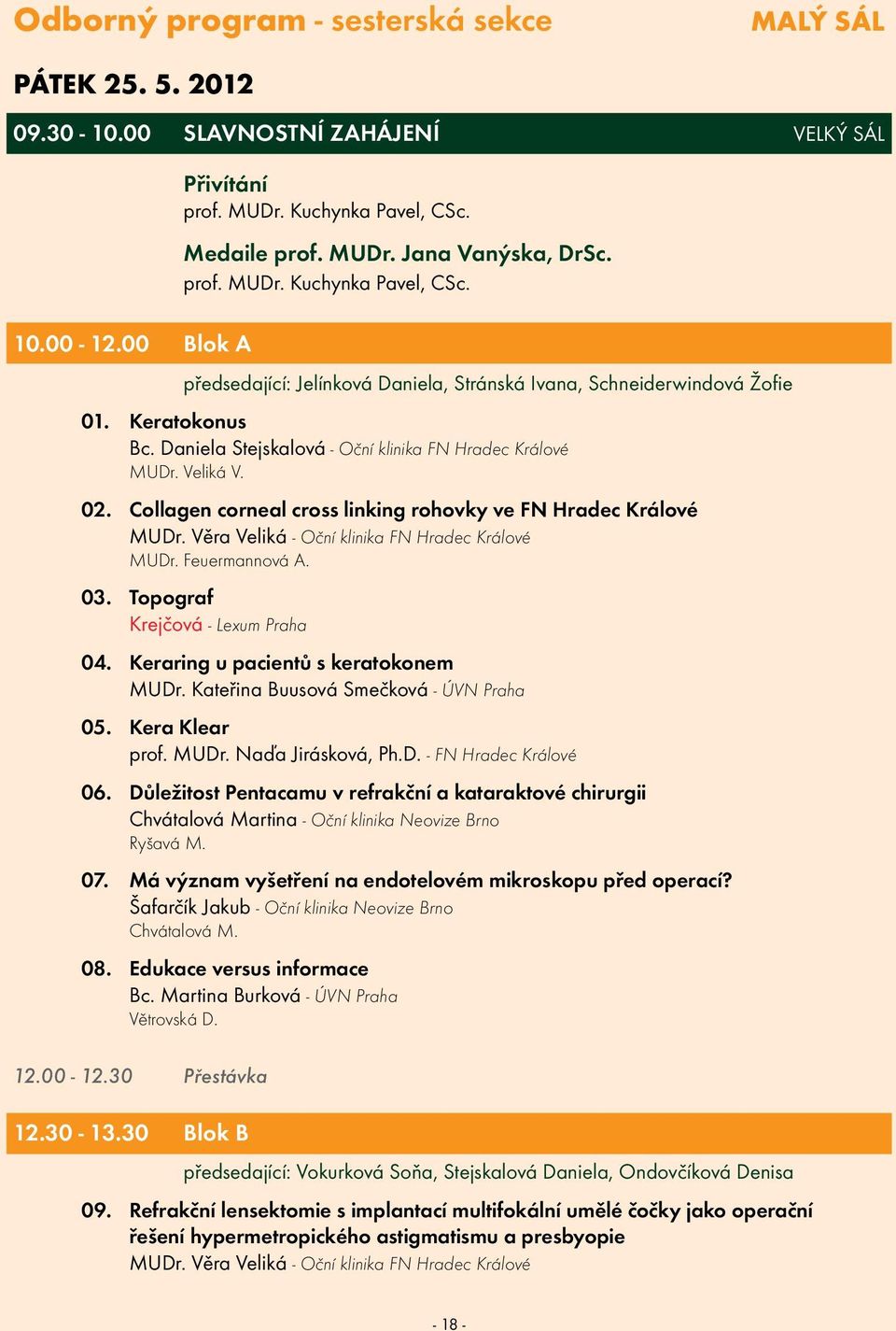 Collagen corneal cross linking rohovky ve FN Hradec Králové MUDr. Věra Veliká - Oční klinika FN Hradec Králové MUDr. Feuermannová A. 03. Topograf Krejčová - Lexum Praha 04.