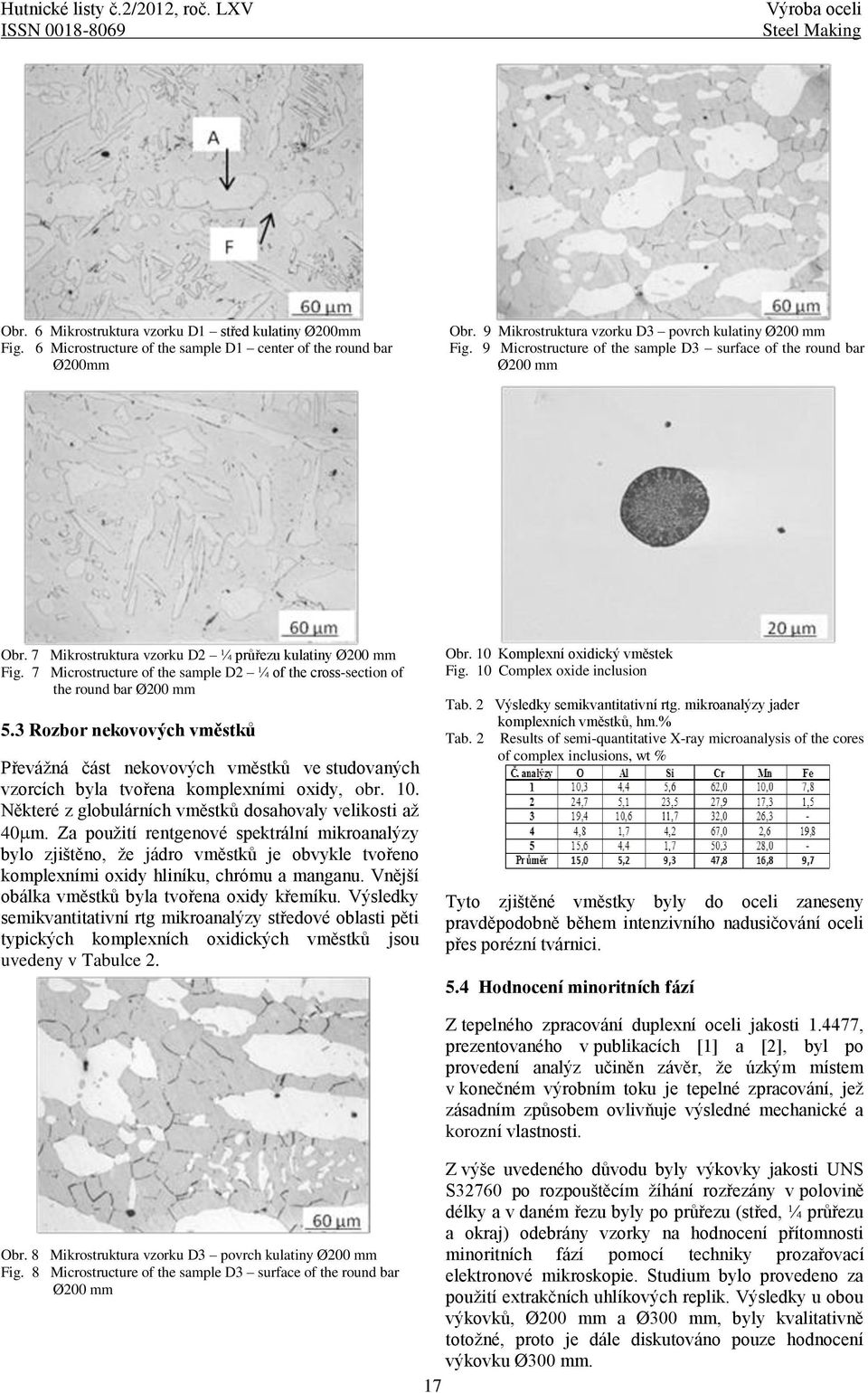 7 Mikrostruktura vzorku D2 ¼ průřezu kulatiny Ø200 mm Fig. 7 Microstructure of the sample D2 ¼ of the cross-section of the round bar Ø200 mm 5.