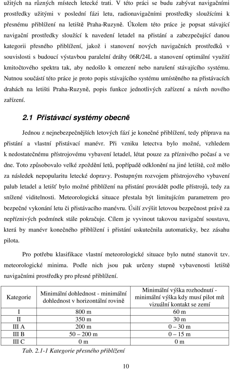 Úkolem této práce je popsat stávající navigační prostředky sloužící k navedení letadel na přistání a zabezpečující danou kategorii přesného přiblížení, jakož i stanovení nových navigačních prostředků