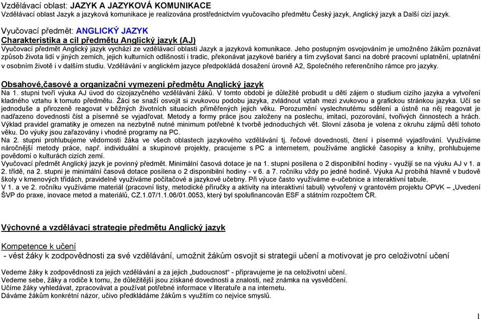 Jeho postupným osvojováním je umoţněno ţákům poznávat způsob ţivota lidí v jiných zemích, jejich kulturních odlišností i tradic, překonávat jazykové bariéry a tím zvyšovat šanci na dobré pracovní