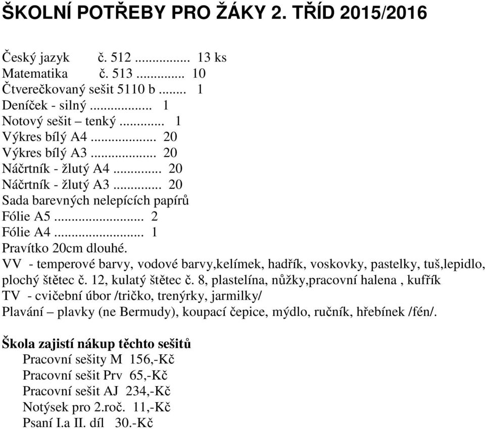 VV - temperové barvy, vodové barvy,kelímek, hadřík, voskovky, pastelky, tuš,lepidlo, plochý štětec č. 12, kulatý štětec č.