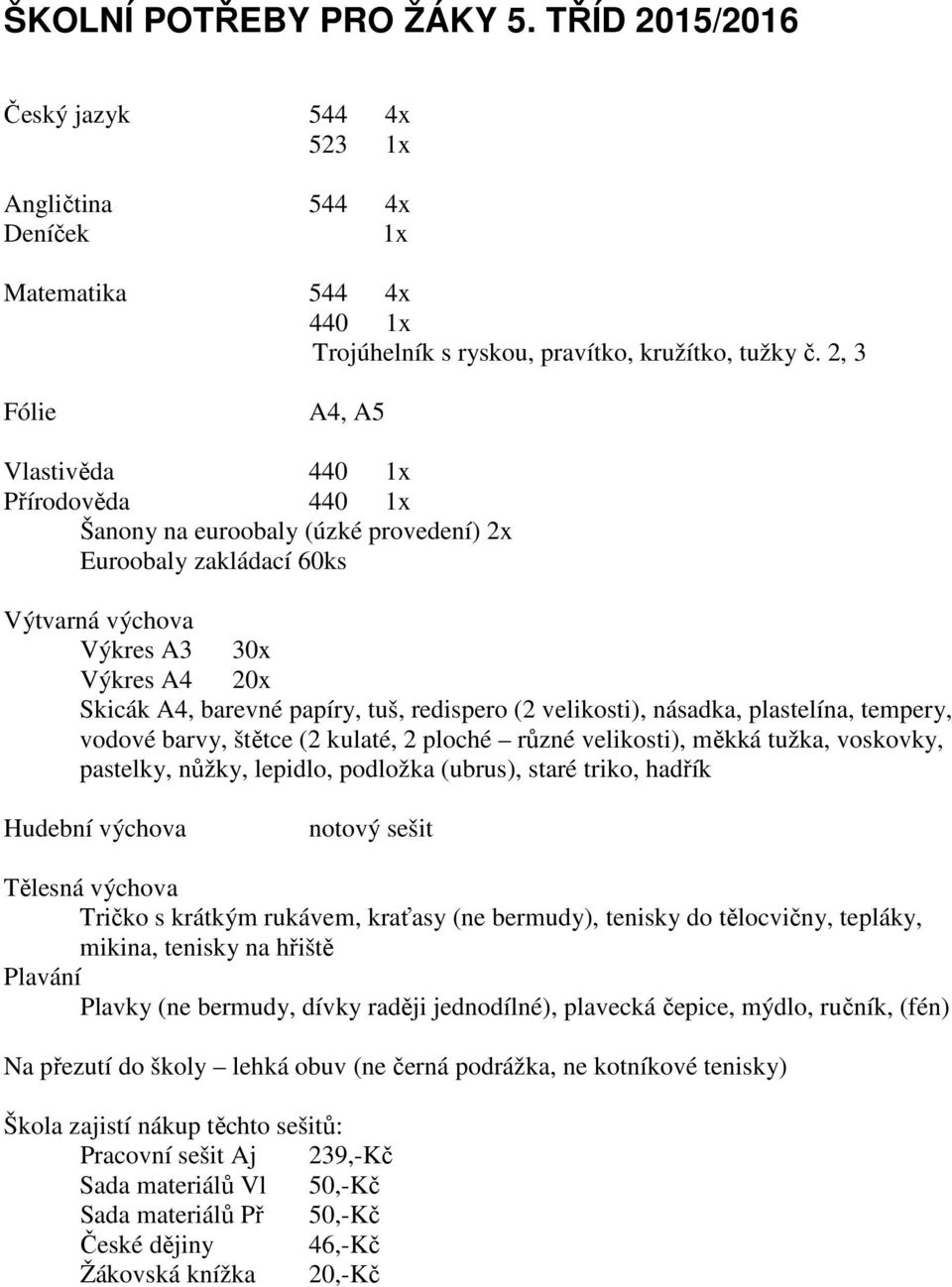 redispero (2 velikosti), násadka, plastelína, tempery, vodové barvy, štětce (2 kulaté, 2 ploché různé velikosti), měkká tužka, voskovky, pastelky, nůžky, lepidlo, podložka (ubrus), staré triko,