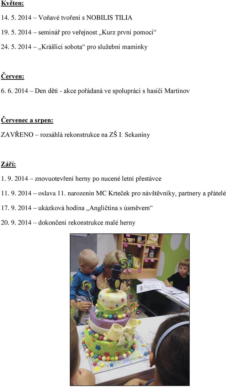 Sekaniny Září: 1. 9. 2014 znovuotevření herny po nucené letní přestávce 11. 9. 2014 oslava 11.