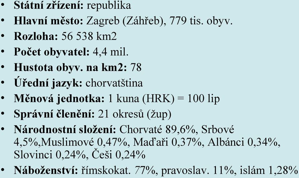 na km2: 78 Úřední jazyk: chorvatština Měnová jednotka: 1 kuna (HRK) = 100 lip Správní členění: 21 okresů