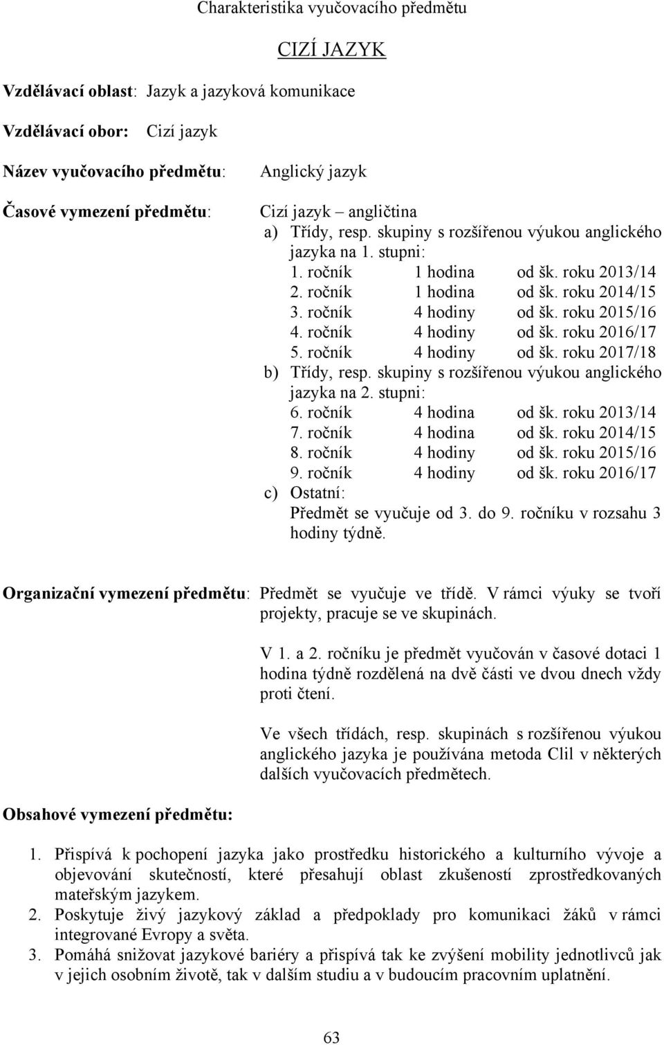 roku 2015/16 4. ročník 4 hodiny od šk. roku 2016/17 5. ročník 4 hodiny od šk. roku 2017/18 b) Třídy, resp. skupiny s rozšířenou výukou anglického jazyka na 2. stupni: 6. ročník 4 hodina od šk.