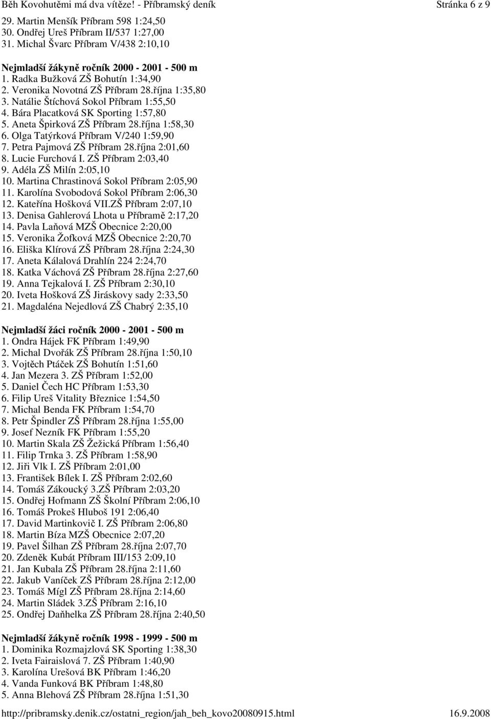 října 1:58,30 6. Olga Tatýrková Příbram V/240 1:59,90 7. Petra Pajmová ZŠ Příbram 28.října 2:01,60 8. Lucie Furchová I. ZŠ Příbram 2:03,40 9. Adéla ZŠ Milín 2:05,10 10.