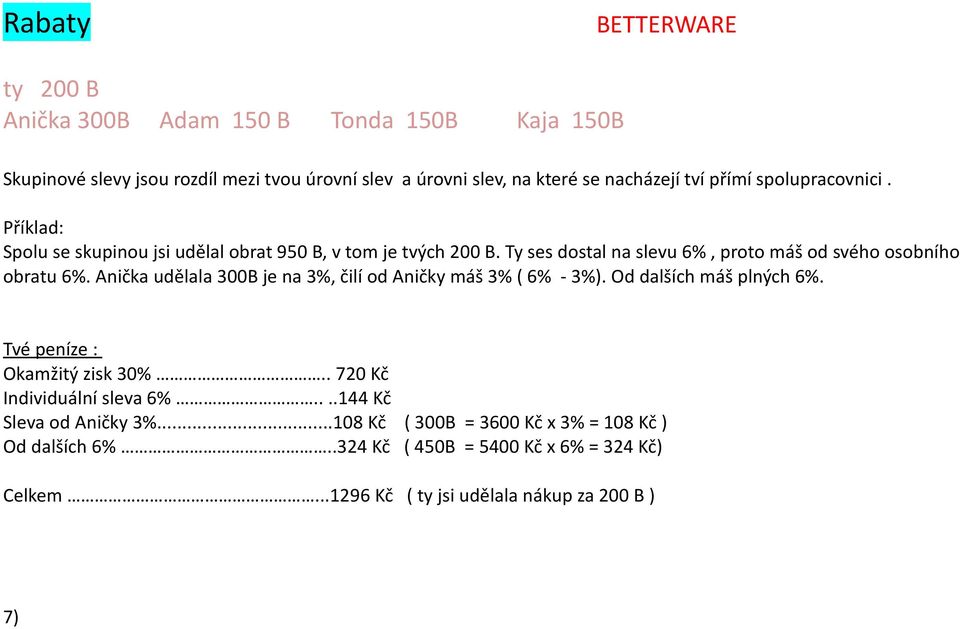 Anička udělala 300B je na 3%, čilí od Aničky máš 3% ( 6% - 3%). Od dalších máš plných 6%. Tvé peníze : Okamžitý zisk 30%.. 720 Kč Individuální sleva 6%.