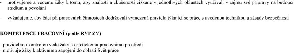 pravidla týkající se práce s uvedenou technikou a zásady bezpečnosti KOMPETENCE PRACOVNÍ (podle RVP ZV) -