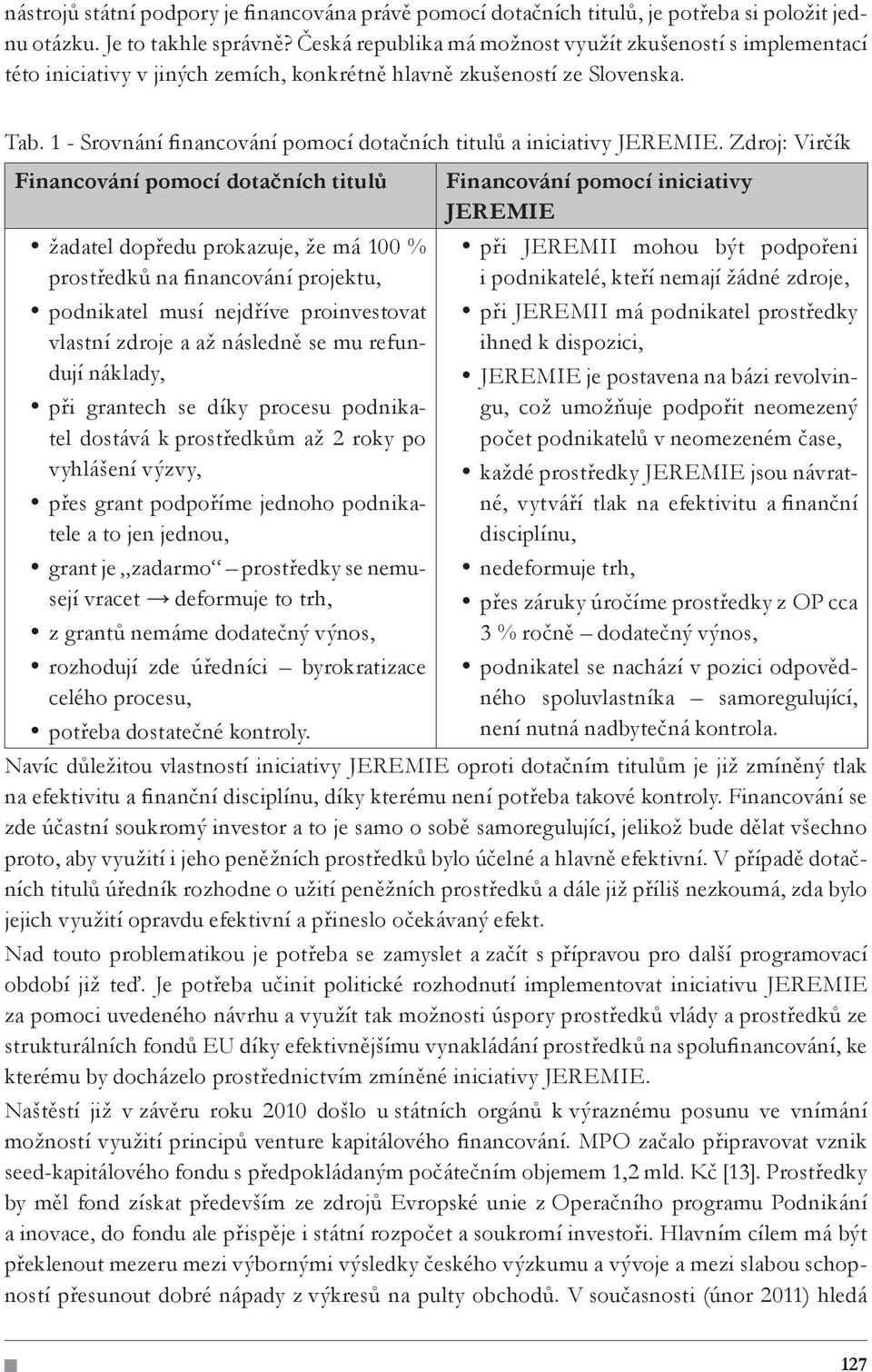 1 - Srovnání financování pomocí dotačních titulů a iniciativy JEREMIE.