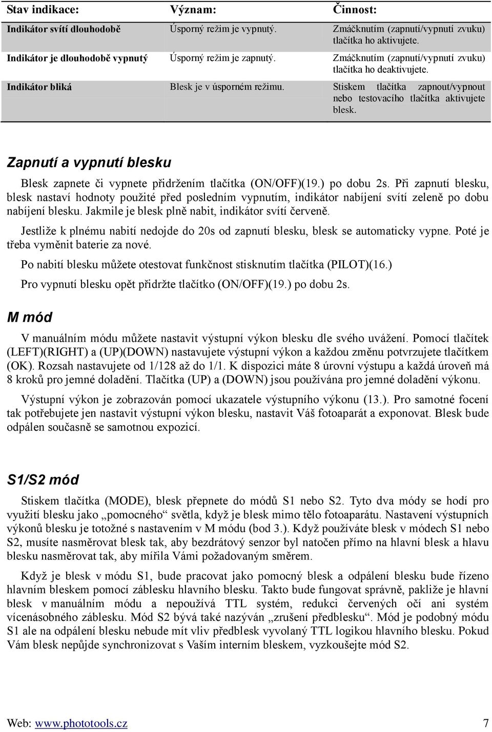 Stiskem tlačítka zapnout/vypnout nebo testovacího tlačítka aktivujete blesk. Zapnutí a vypnutí blesku Blesk zapnete či vypnete přidržením tlačítka (ON/OFF)(19.) po dobu 2s.