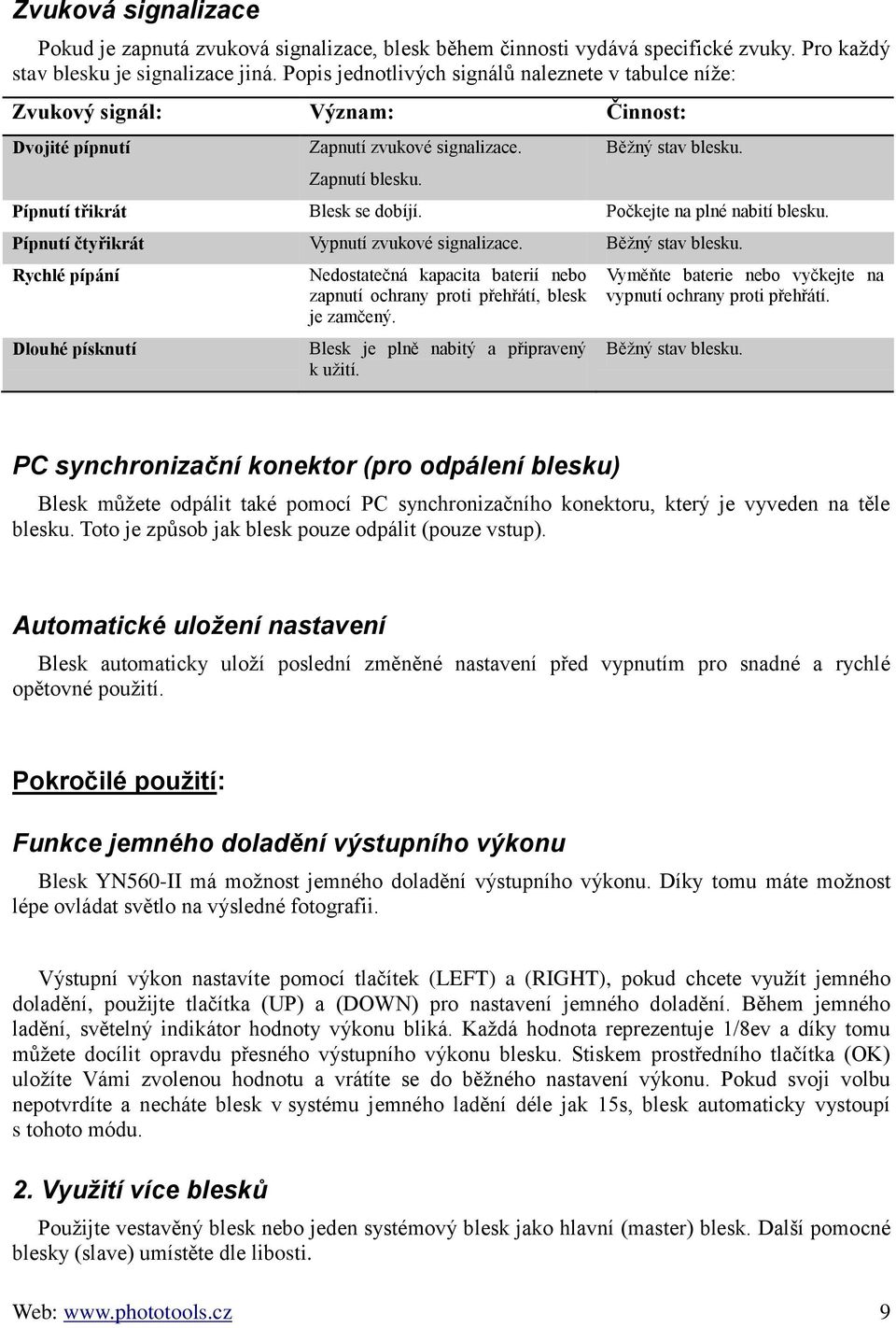 Počkejte na plné nabití blesku. Pípnutí čtyřikrát Vypnutí zvukové signalizace. Běžný stav blesku.