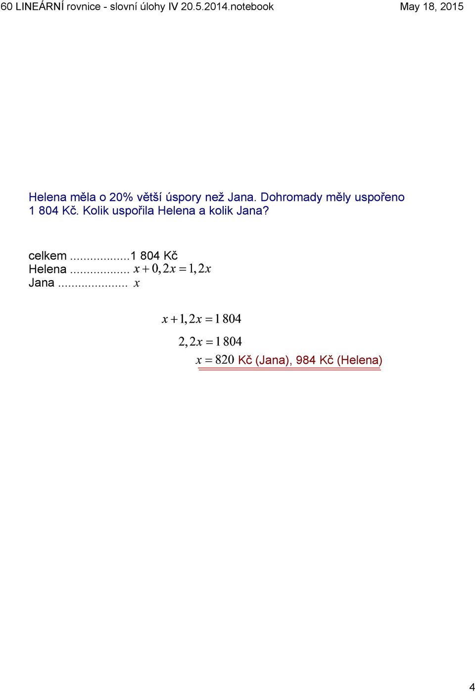Kolik uspořila Helena a kolik Jana? celkem.